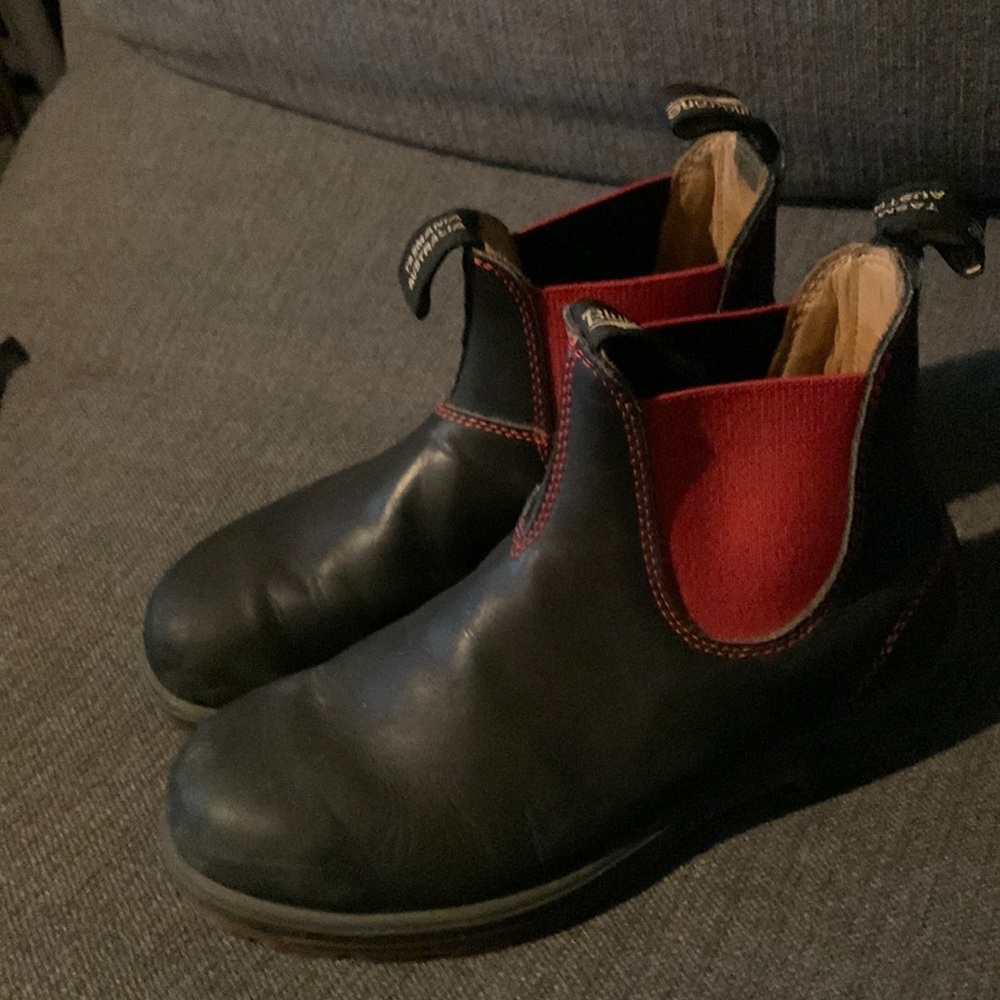 Blundstones 7 1/2 black with red trim. Canadian 10/10.5